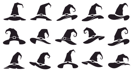 Obraz premium Various silhouettes of black witch hats for halloween decorations and spooky themed graphic design projects in a grid layout.