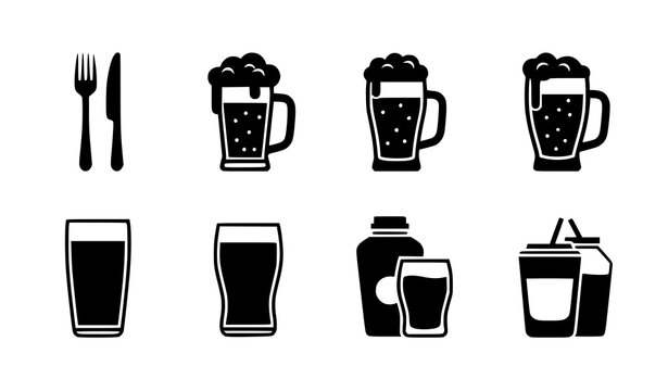 Food and Beverage Icon Set with Cutlery Beer Mug Pint Glass Bottled Drink and Takeaway Cups for Restaurant Bar Cafe Menu Design