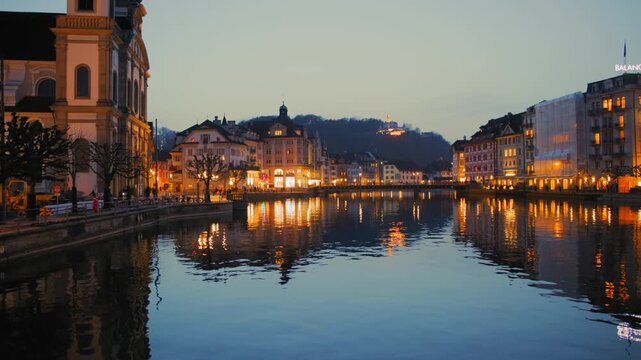 Shot of Lucerne illuminated old town and historic buildings at night