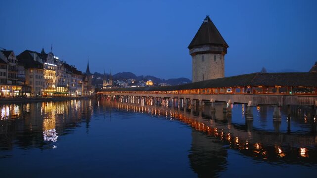 Shot of Lucerne illuminated old town and historic buildings at night