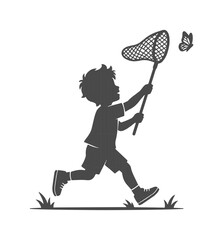 Child chasing butterfly silhouette, playful boy with net, nature exploration, childhood joy vector illustration isolated on White Background © Syed Awais