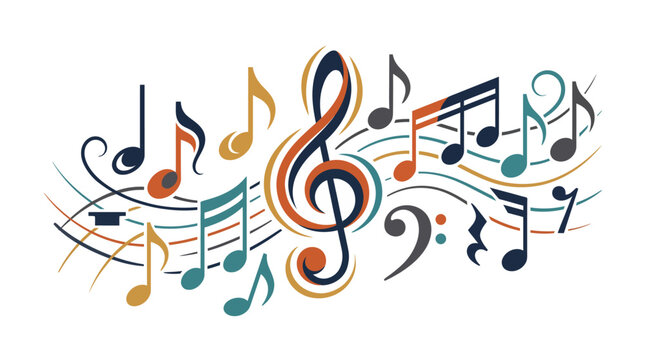A decorative black vector illustration featuring a treble clef and musical notes intertwined with elegant flowers to create a melodic art pattern and sound concept design