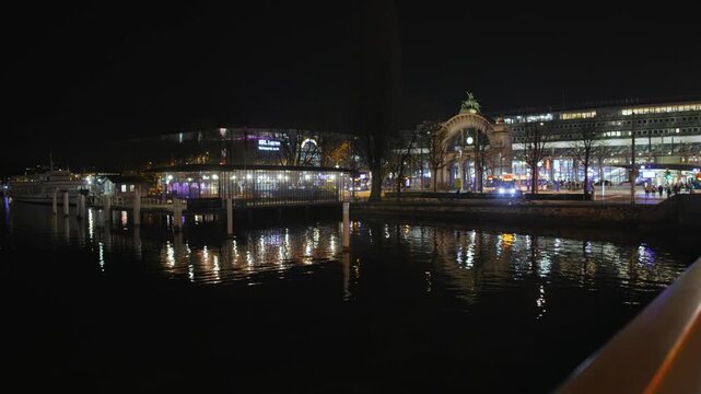 Shot of Lucerne illuminated old town and historic buildings at night