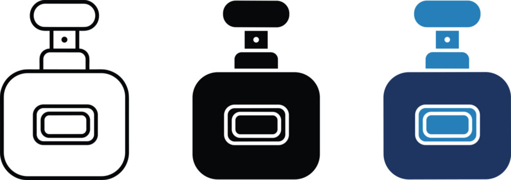 Perfume bottle vector icon variants in black and blue flat style, editable fragrance and cosmetic symbols collection for luxury branding, beauty packaging and fashion marketing graphics