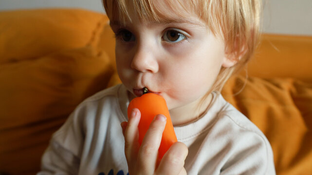 A child eats and holds a pepper in his hands. Vegetable food for a child.