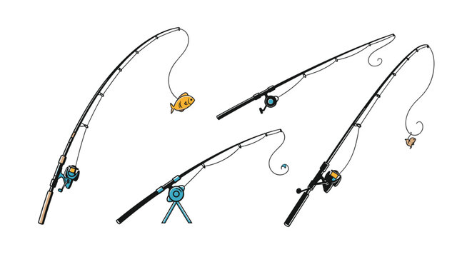 Collection of four fishing rods with reels and lines, some with caught fish, illustrates equipment for fishing enthusiasts.