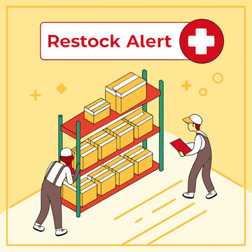 Warehouse workers restocking shelves with boxes and restock alert sign