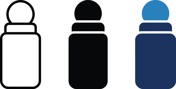Roll on deodorant vector icon variants in black and blue flat style, editable personal hygiene and body care symbols collection for cosmetic branding and retail product design