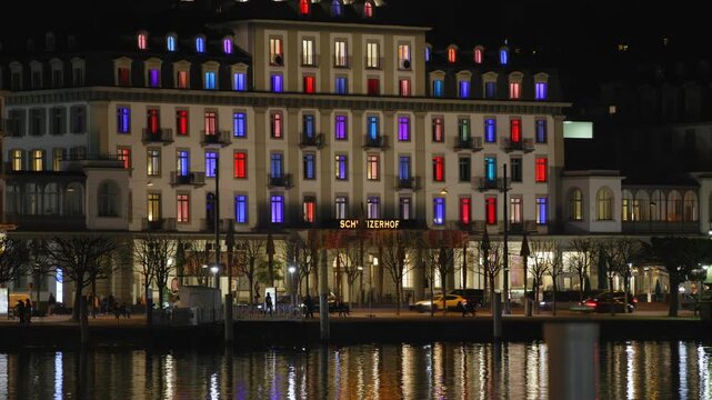 Shot of Lucerne illuminated old town and historic buildings at night