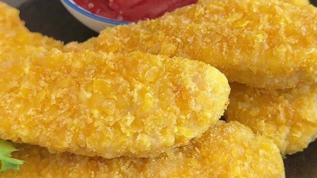 chicken strips deep-fried chicken meat aiguillettes fast food lunch or dinner tasty snack fresh, delicious, gourmet food background on the table, rustic food, top view, copy space