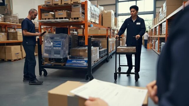 Person signs delivery form at warehouse. Worker pushes cart with boxes nearby. Another worker uses tablet in background. Focus on hands writing document