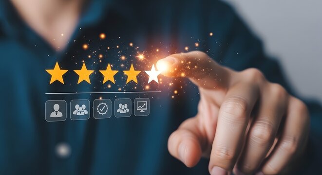 Customer review rating and five-star feedback concept with hand pointing at glowing online reputation stars