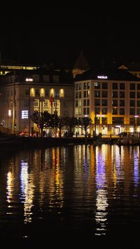 Shot of Lucerne illuminated old town and historic buildings at night