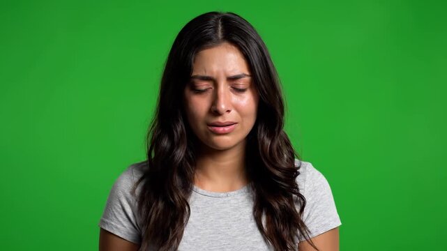 Crying Woman in Studio: A young woman stands against a green studio background, her face etched with profound sadness as tears stream down her cheeks.
