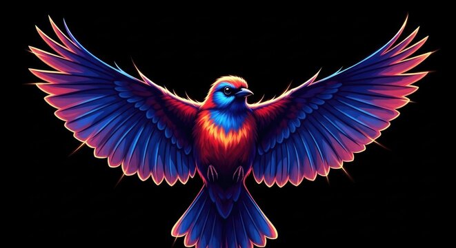 Vibrant bird with extended wings against a black backdrop illustration