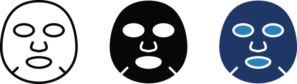 Sheet face mask vector icon set in black and blue flat style, editable skincare and beauty treatment symbols collection for cosmetic branding, spa marketing and wellness product packaging