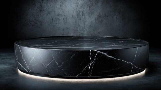 Circular black marble display pedestal illuminated from below against a dark textured background