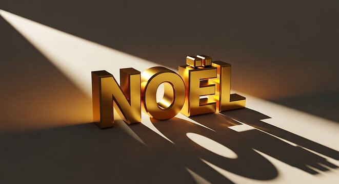 The word 'NOEL' is rendered in bold, metallic gold 3D letters, casting a long shadow in dramatic directional lighting against a dark background.