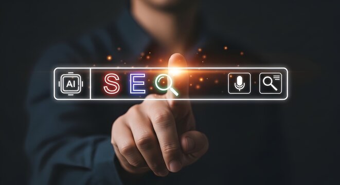 SEO search engine optimization concept with finger pressing digital search bar interface