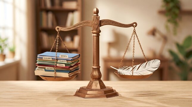An ornate bronze balance scale tips heavily under the crushing weight of work folders and deadlines, easily overwhelming the delicate lightness of a single white feather of peace