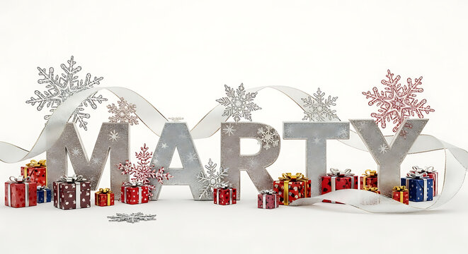 The name 'MARTY' is spelled out in large, textured silver block letters, decorated with shimmering snowflakes and surrounded by various sizes of wrapped gift boxes.
