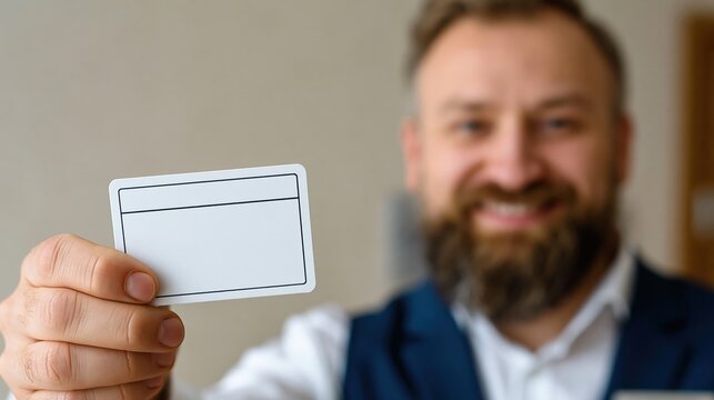 Hotel guest holding blank keycard against ivory background