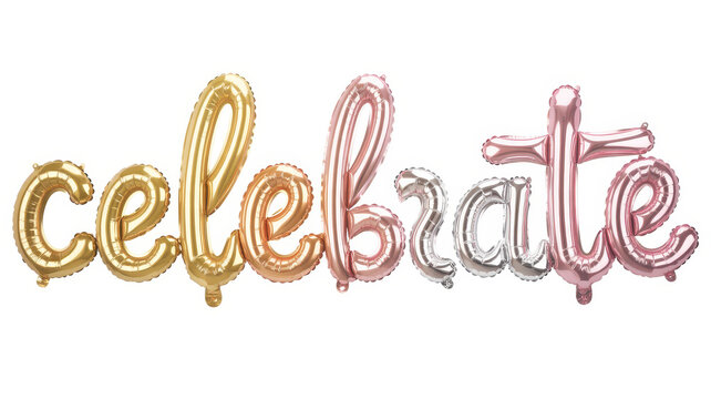Metallic foil balloons spelling the word celebrate in gold, rose gold, and silver colors isolated