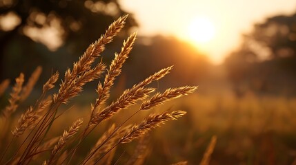 Naklejka premium Golden stalks of delicate grass illuminated by the warm peaceful glow of the setting sun in an open field