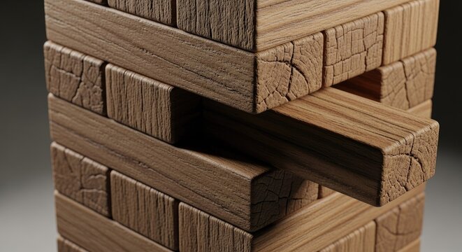 Wooden block tower game stacked blocks close up view concept of balance