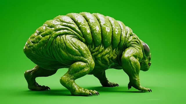 Green Alien Creature Crawling on Green Background.
