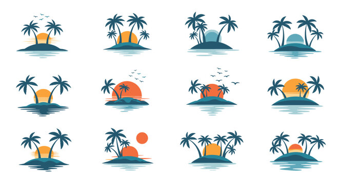 Collection of twelve different tropical island sunset logos featuring palm trees and sun over water in various styles and colors.