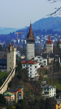 Medieval Musegg Wall and historic watchtowers in Lucerne, Switzerland