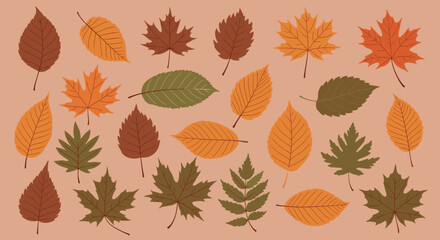 Obraz premium Various shapes and colors of autumn leaves scattered across a warm peach background representing the beauty of the fall season.