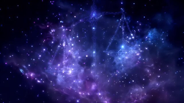 Space universe exploration, fantasy, mysterious. A digital artwork depicts a celestial scene, specifically a constellation or celestial body. The main subject is a pair of scales of justice.