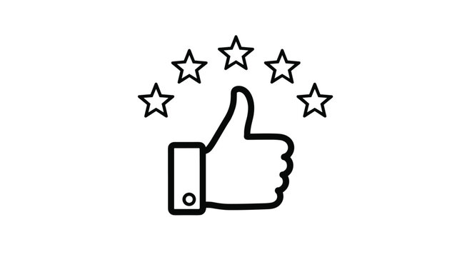 Thick black outline of a thumbs up hand icon with five stars above it indicating a high quality five star rating or review.