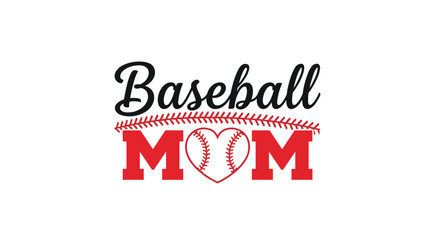 Fototapeta premium Decorative baseball mom text design with a heart shaped like a ball and red stitching for sports fans and supportive families.