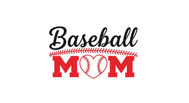 Decorative baseball mom text design with a heart shaped like a ball and red stitching for sports fans and supportive families.