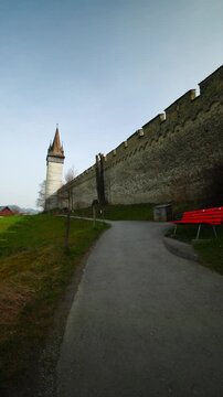 Shot of the medieval Musegg Wall and historic watchtowers in Lucerne, Switzerland