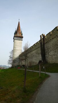 Shot of the medieval Musegg Wall and historic watchtowers in Lucerne, Switzerland