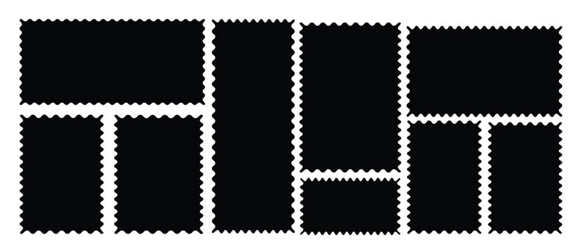 wavy rectangular frames scallop set black. Postage stamp borders. Geometric shapes stickers with zigzag wavy edge. scallop edge shape