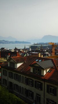 Panning shot of the medieval Musegg Wall and historic watchtowers in Lucerne, Switzerland