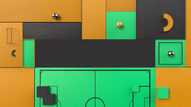 Minimalist 3D Abstract Football Field Background with Geometric Blocks and Soccer Balls