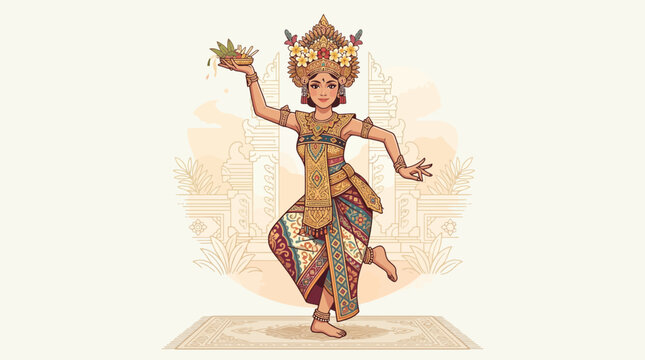 Vector illustration of Balinese female dancer performing traditional dance in ornate costume and headdress, elegant pose, showcasing Indonesian culture in flat design style.