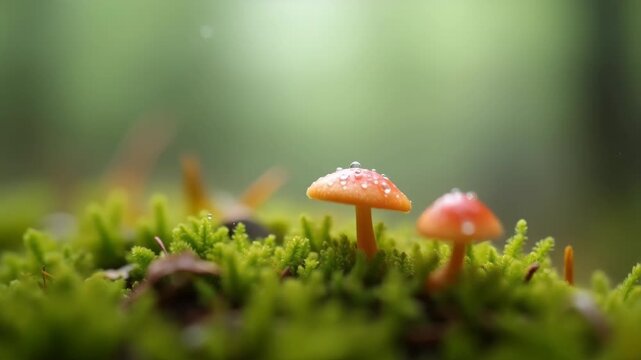Spring green moss surface with tiny forest mushroom and dew drops in morning fog, bokeh soft misty forest background