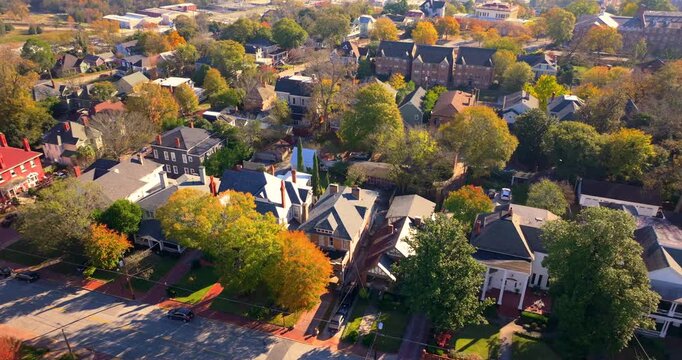 Victorian houses in old historical city Macon in Georgia. Southern USA cityscape.