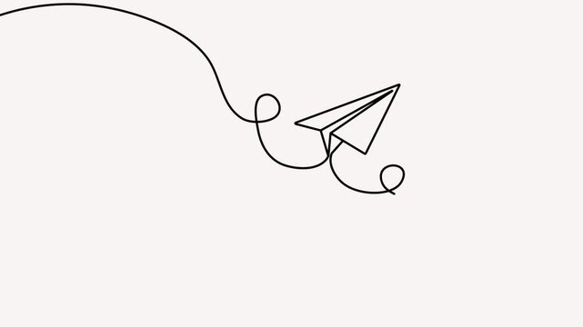A minimalist 4k animation of a paper plane drawn with a single continuous black line, soaring across a clean, light background.