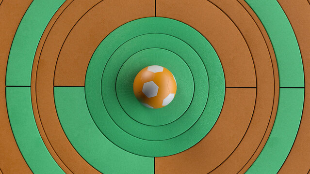 Top View of an Abstract Soccer Concept with Orange Ball on Concentric Green and Brown Rings