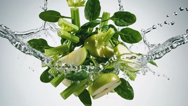 Green apple slices with celery and spinach leaves splashing in water on light background