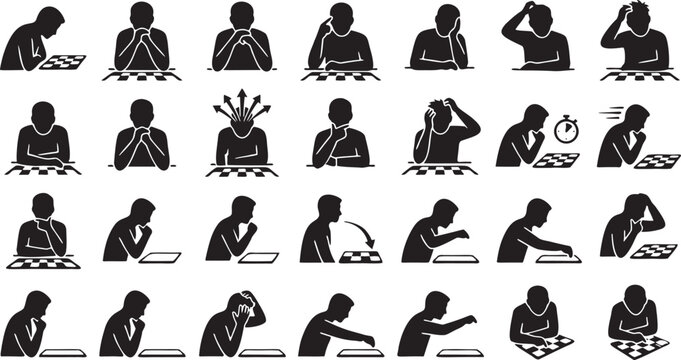 Chess Player Strategic Thinking Silhouettes - Competitive Tournament Poses Icon Set.
