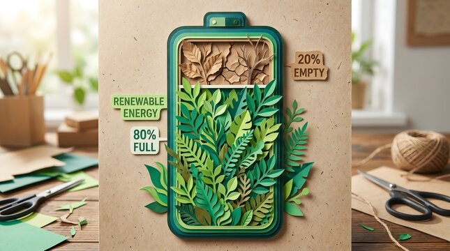 A creative paper-cut battery visualizes the shift to sustainability, where vibrant green leaves representing renewable energy overtake the dry, cracked earth of environmental depletion